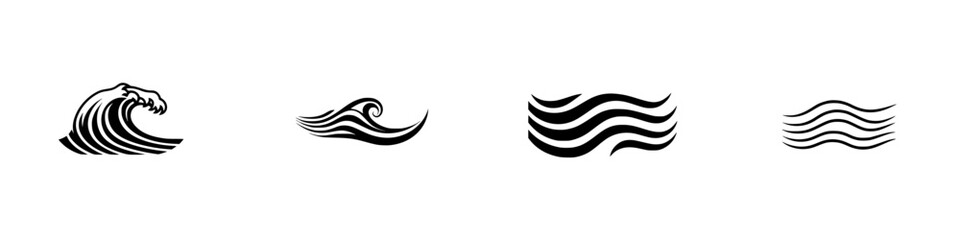 Poster - Collection of minimalist line icons representing waves and water patterns in black and white designed for modern graphics and branding