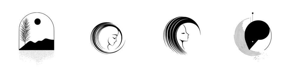 Poster - Collection of minimalist line icons showcasing nature and beauty elements featuring landscapes and human silhouettes