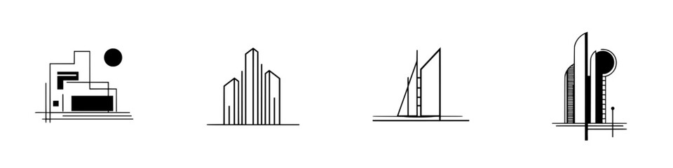 Poster - Collection of minimalist line icons featuring modern architectural designs in vector format for various creative uses