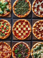 Poster - Colorful arrangement of pizzas in a vibrant chessboard pattern showcasing various toppings and sauces