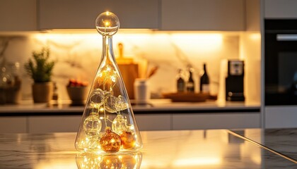 Poster - Decorative Christmas Tree Light Sculpture in Modern Kitchen with Gold Ornaments and Soft Lighting Creating a Festive Holiday Atmosphere