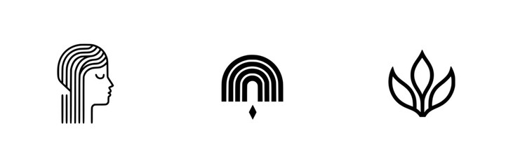 Poster - Minimalist line icons featuring a woman's profile, a rainbow, and a leaf design for modern graphic use