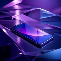 Leinwandbilder - Sleek Smartphone Displayed on Abstract Purple and Blue Geometric Surface with Reflective Light, Modern Technology, Mobile Devices
