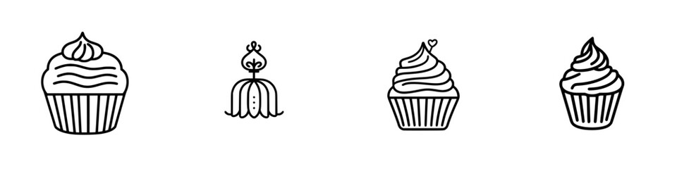 Poster - Minimalist vector line icons featuring various cupcake designs suitable for culinary themes, menus, and dessert presentations
