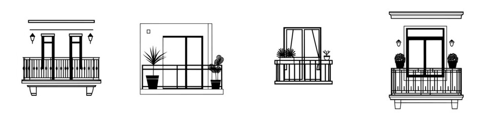 Poster - Minimalist line icons depicting various balcony designs with plants and decorative elements