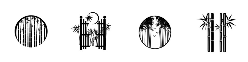 Poster - Minimalist line icons featuring bamboo designs in various circular shapes for modern decor and graphic design projects