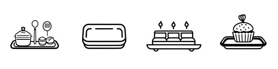 Poster - Minimalist line icons representing various objects related to dining, home decor, and desserts in a cohesive style