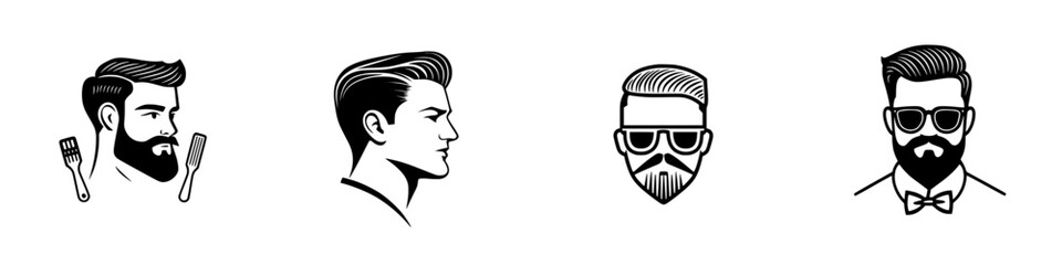Poster - Collection of minimalist line icons showcasing various male hairstyles and grooming styles for modern design