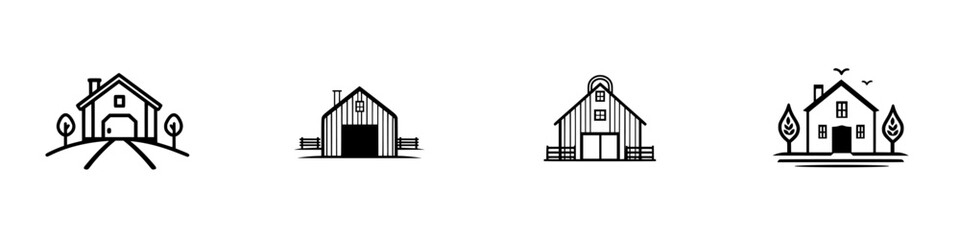 Poster - Collection of minimalist line icons depicting various house and barn designs with simple outlines and elegant features