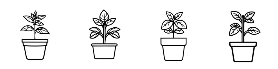 Aufkleber - Collection of minimalist line icons showcasing various stages of plant growth in pots for gardening enthusiasts