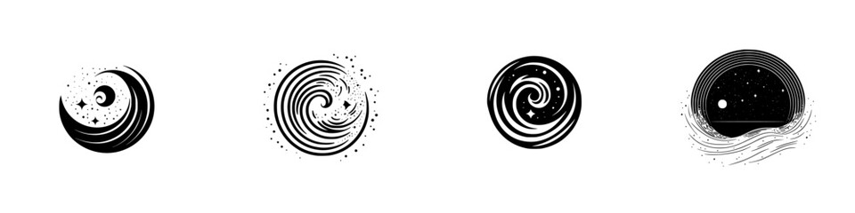 Poster - Minimalist line icons depicting swirling patterns, abstract shapes, and cosmic elements for design projects