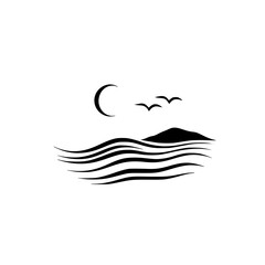 Poster - Minimalist line icons depicting ocean waves, birds, and a moon with mountain silhouette for modern design applications