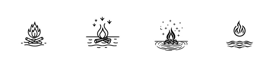 Poster - Vector minimalist line icons depicting fire, water, and nature elements for creative design projects