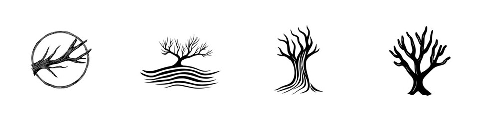 Poster - Vector minimalist line icons featuring stylized tree designs for nature-themed projects and creative applications