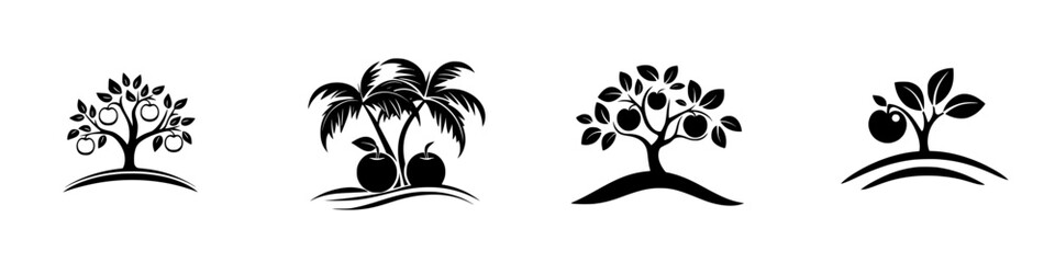 Poster - Vector minimalist line icons showcase various tree designs suitable for modern graphic applications and branding projects focused on nature