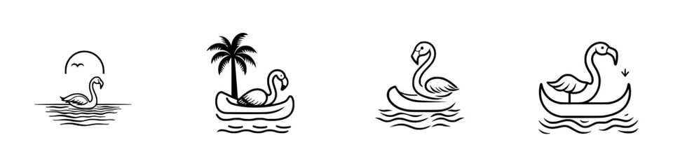 Poster - Collection of minimalist line icons depicting flamingos in various water settings with sun and palm tree design elements