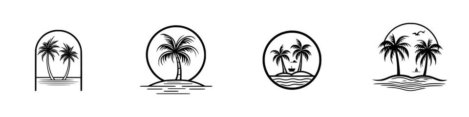 Poster - Minimalist line icons depicting tropical islands and palm trees in a stylish vector design