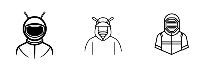 Poster - Minimalist line icons depicting characters in futuristic and fantasy themes showcasing unique headgear and clothing styles