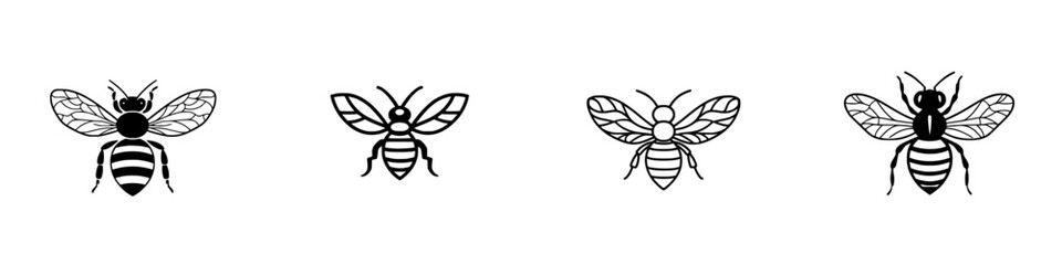 Poster - Collection of minimalist line icons depicting various bee designs in a clean vector style