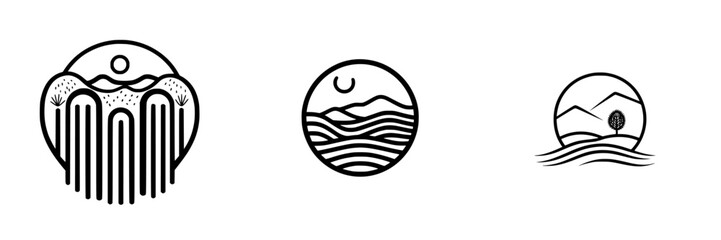 Poster - Vector minimalist line icons showcasing diverse natural landscapes and serenity in nature