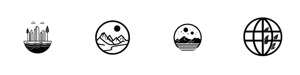 Poster - Vector minimalist line icons showcasing nature themes including mountains, water, and earth elements, ideal for design projects