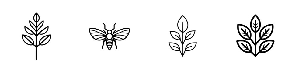 Poster - Collection of vector minimalist line icons featuring botanical elements and a bee
