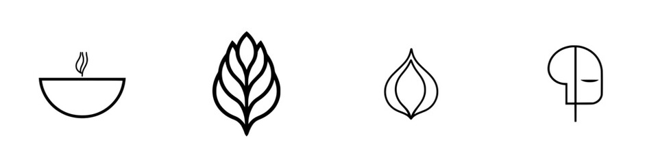 Poster - Minimalist line icons set showcasing plant elements, steaming bowl, and abstract human form in modern design