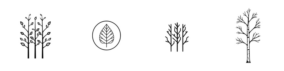 Poster - Minimalist vector line icons showcasing various tree designs and foliage elements for nature-themed projects