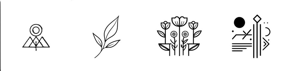 Poster - Set of minimalist vector line icons featuring nature elements, abstract shapes, and floral designs for contemporary visual projects