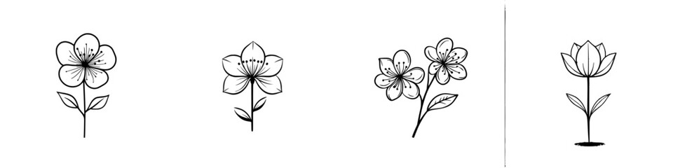 Poster - Vector minimalist line icons featuring a variety of floral designs showcasing different flower types and styles in a monochromatic theme
