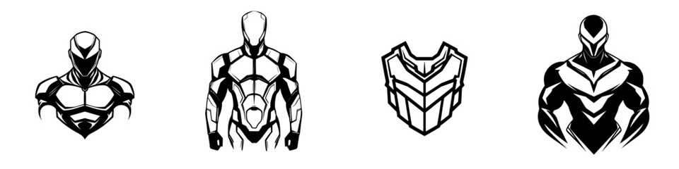 Poster - Set of minimalist line icons depicting futuristic armored figures in a sleek design emphasizing form and strength