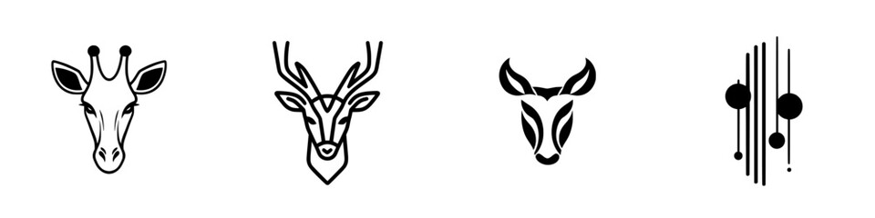 Poster - Set of minimalist vector line icons depicting various animal heads featuring a giraffe, deer, and antelope
