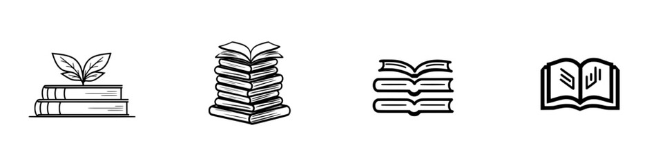Poster - Minimalist line icons showcasing books, stacks of books, and an open book with plant elements