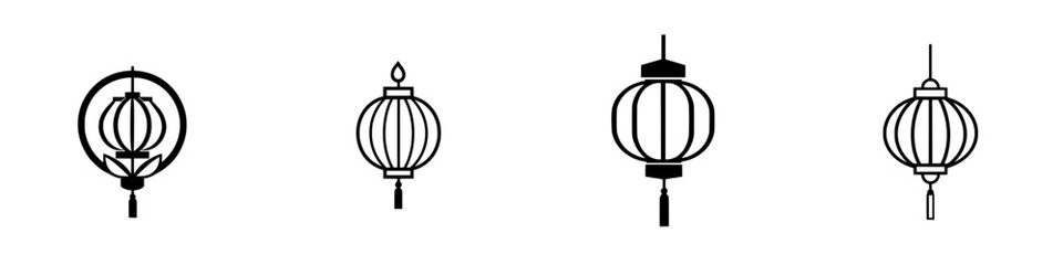 Poster - Set of minimalist line icons illustrating various types of traditional hanging lanterns for design use