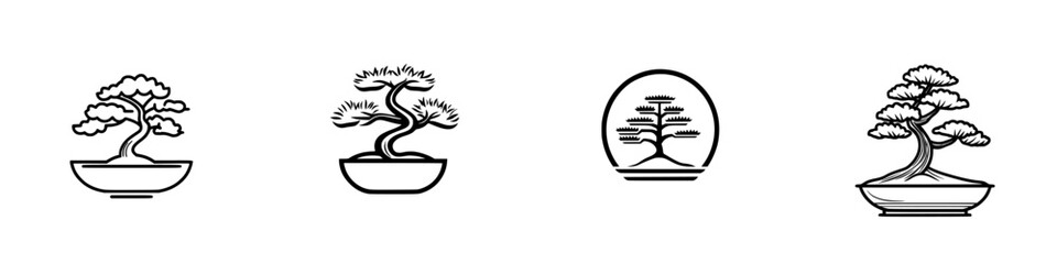 Poster - Collection of minimalist line icons representing various bonsai tree designs for artistic and educational purposes