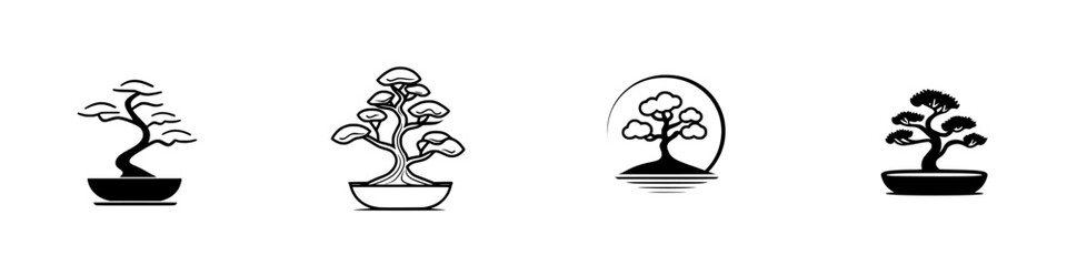 Poster - Stylish vector minimalist line icons depicting various bonsai tree designs for design and illustration purposes