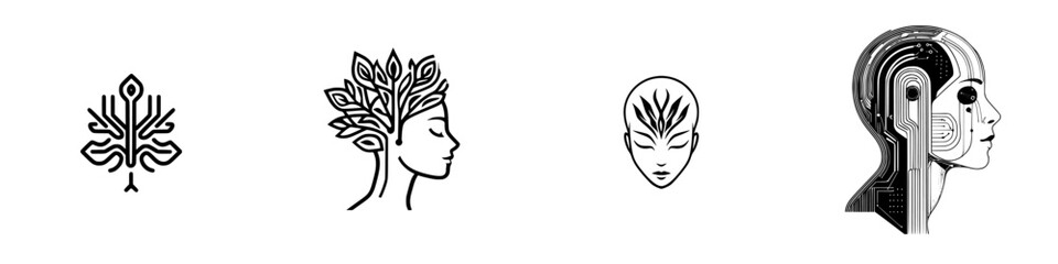 Poster - Collection of minimalist line icons depicting nature, human forms, and technology in a creative design arrangement
