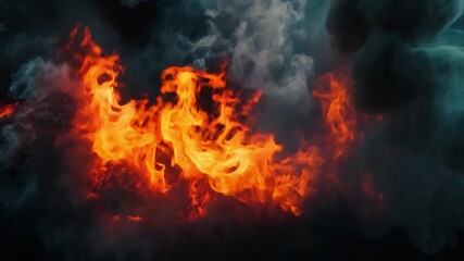Poster - Dramatic flames burst through dark smoke creating an intense, fiery background with glowing embers and swirling ash in an atmospheric display of fire