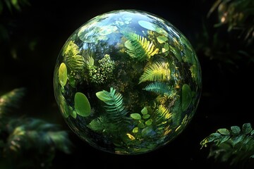 Aufkleber - Detailed Green Foliage Pattern Sphere with Tropical Leaves in Dark Green Background, Ecological Concept, 3D Rendered Botanical Design