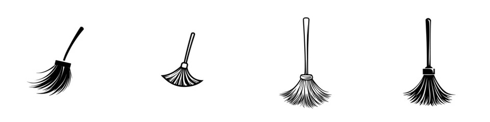 Poster - Collection of minimalist line icons representing various broom designs for cleaning tasks and household activities