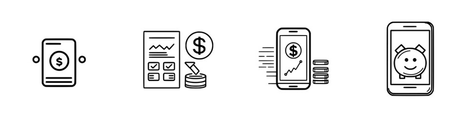 Poster - Minimalist line icons depicting finance, budgeting, and savings in a modern digital style for versatile design applications