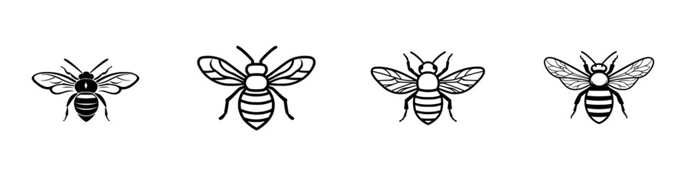 Poster - Set of vector minimalist line icons depicting bees in various styles and orientations for design projects and graphic use