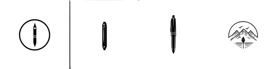 Poster - Minimalist line icons representing writing instruments and scenery in a clean design suitable for modern graphic applications