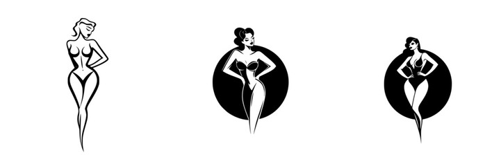 Poster - Set of minimalist line icons featuring elegant and stylized female figures showcasing various poses and body shapes for graphic design projects