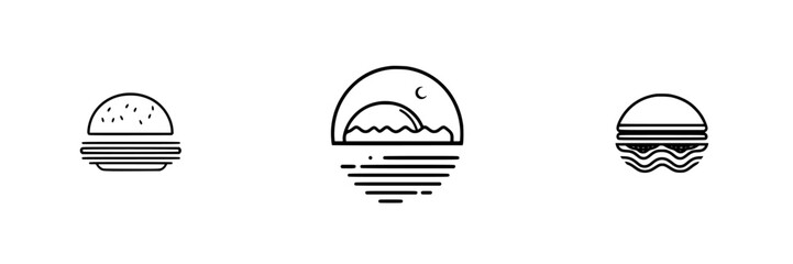 Poster - Minimalist line icons depicting hamburgers and sunset scenes in clean vector style for modern design applications