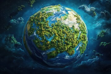 Poster - Detailed Planet Earth with Blue Oceans and Green Continents Floating in a Starry Outer Space Background Digital Art