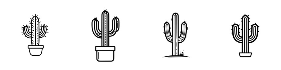 Poster - Collection of minimalist line icons showcasing various cactus designs in simple pots and settings