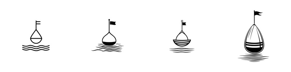 Poster - Vector minimalist line icons depicting various buoy designs with waves and flags for nautical themes