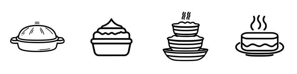 Poster - Vector minimalist line icons representing various dishes including pie, cupcake, bowls of food, and cake design