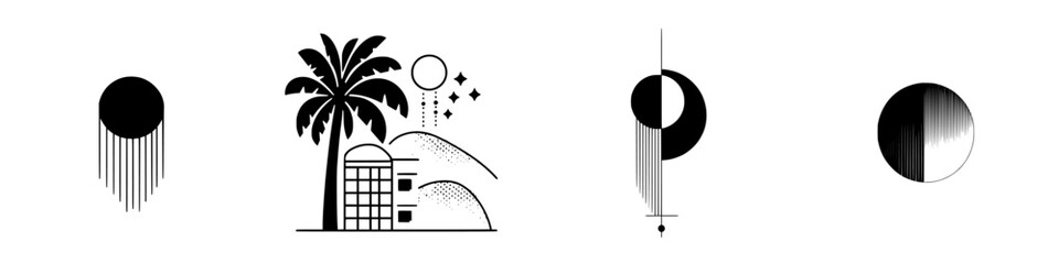 Poster - Collection of minimalist line icons representing nature, architecture, and abstract designs for various uses